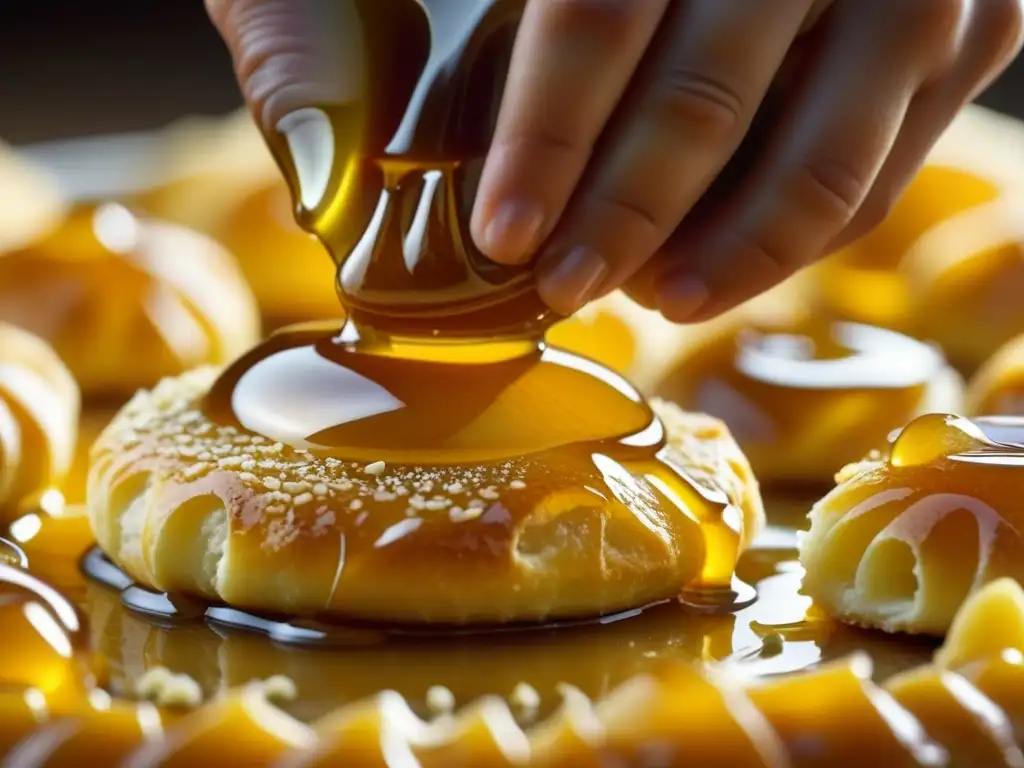 Delicia dorada: Chebakia marroquí bañada en miel Delicado Chebakia marroquí bañado en miel, resaltando los detalles dorados y la textura, evocando una experiencia sensorial