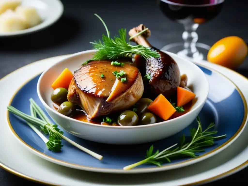 Delicado Coq au Vin en plato vintage, destacando la riqueza de la cocina francesa siglo XVIII