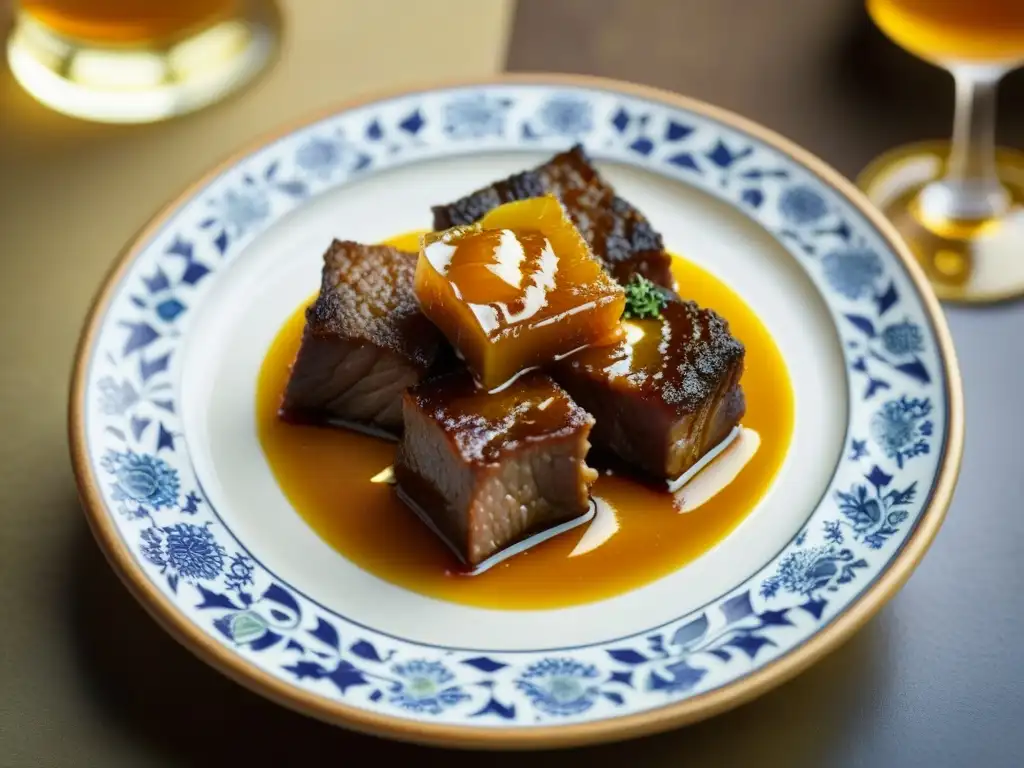 Delicado Cordero a la Miel andalusí: especias, miel dorada y tierna carne en plato decorativo