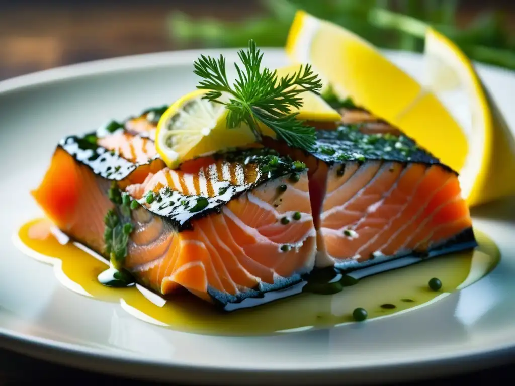 Delicado corte de salmón marinado con sabores profundos en cocina pacífica