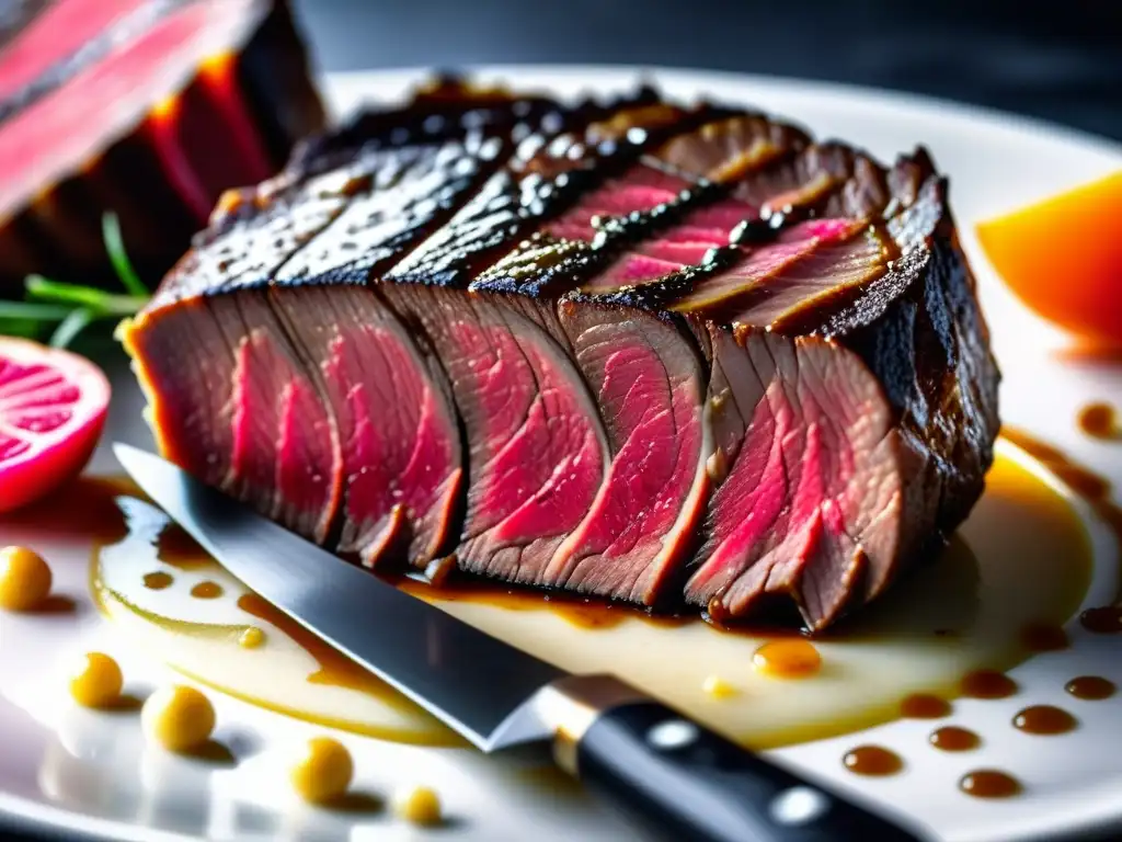 Delicioso corte de carne sous vide: sabores y texturas en detalle Delicado corte de un suculento filete sous vide, con jugosos detalles y maravilloso marmoleado