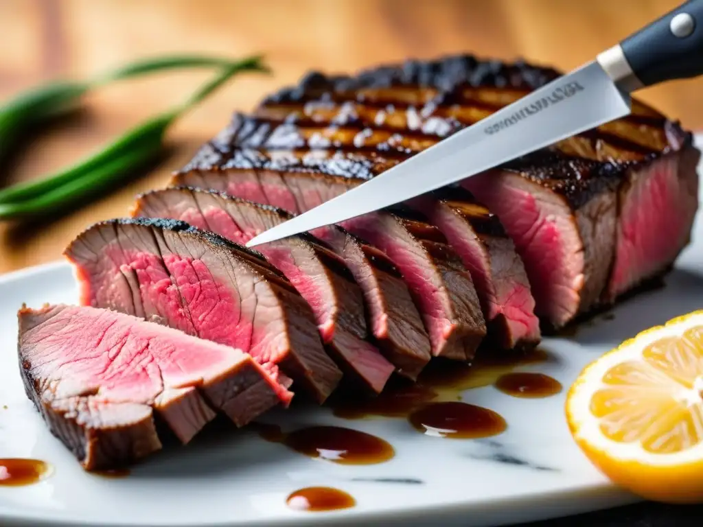 Sabroso filete sous vide cortado: fusión de tradición y modernidad Delicado corte de un suculento filete sous vide, mostrando su textura jugosa y su punto perfecto de cocción