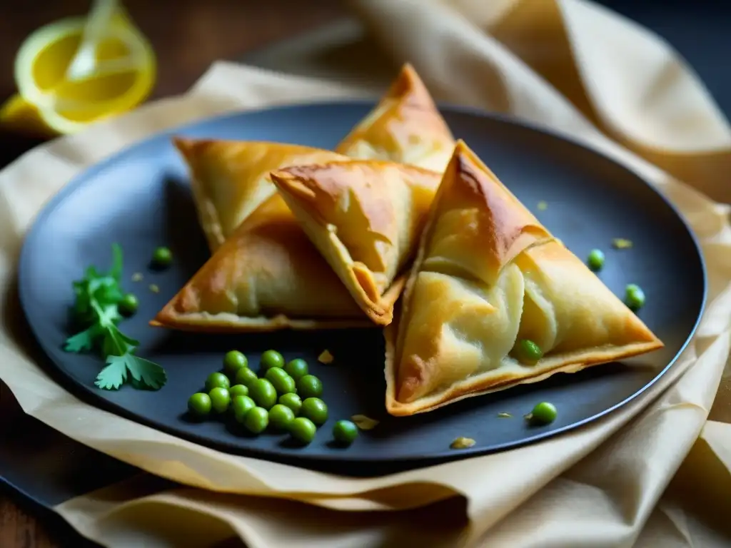 Delicado samosa recién frito: crujiente dorado con capas de masa, relleno de papas, guisantes y hierbas, evolución cultural en la mesa