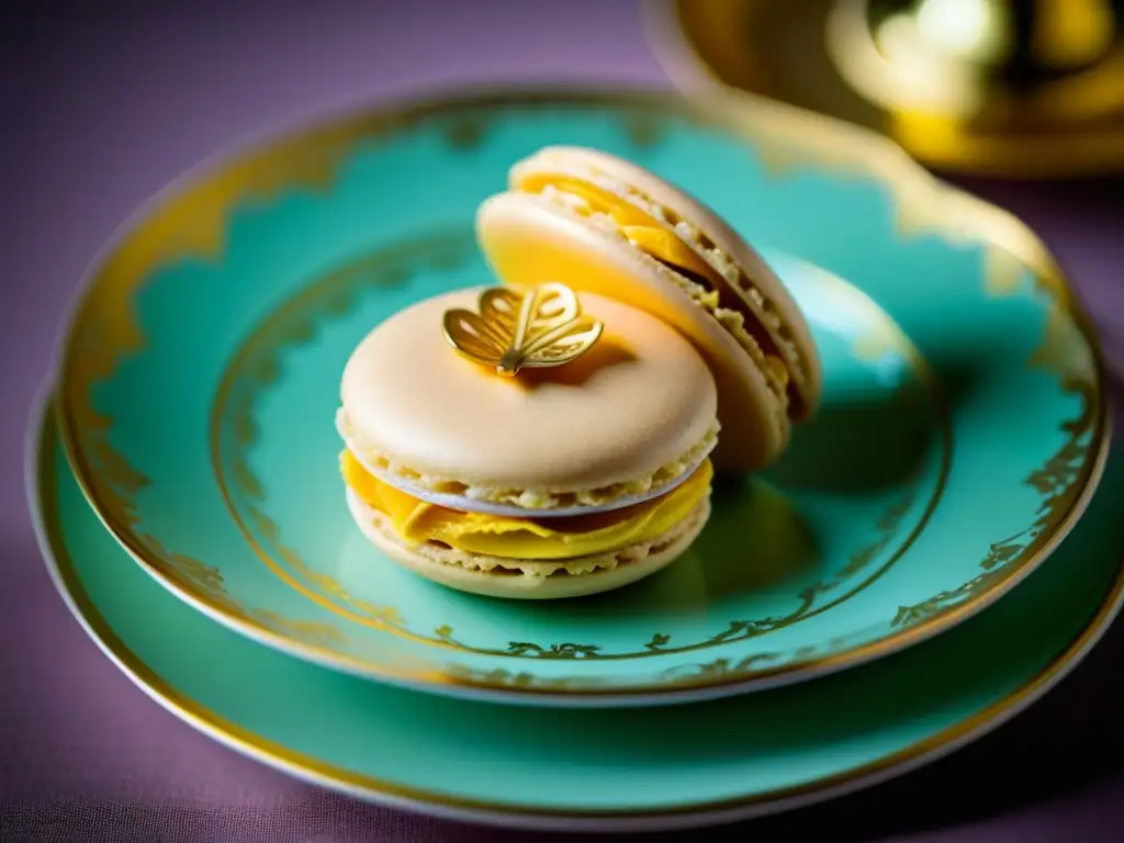 Delicado y detallado macaron francés en un elegante plato vintage, reflejando la influencia aristocrática francesa en arte culinario