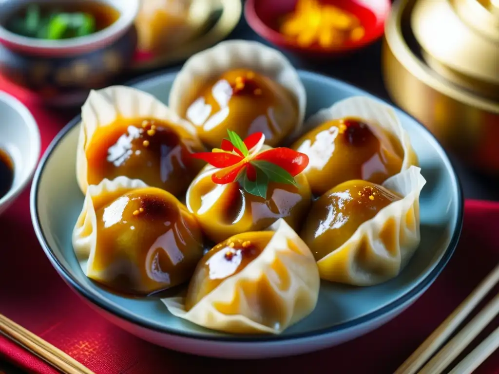 Delicado dumpling rojo y dorado para Año Nuevo Lunar, rodeado de platillos tradicionales