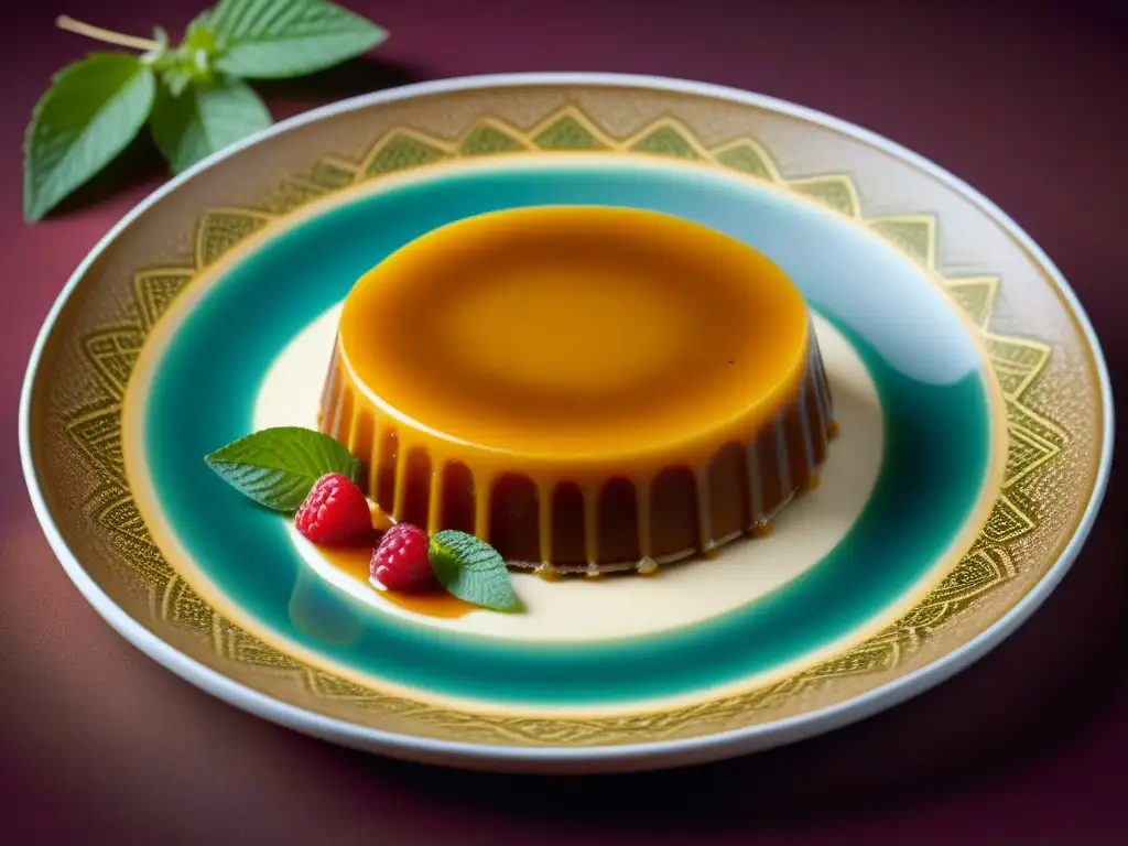 Delicado flan africano con influencia colonial, adornado con bayas frescas y menta