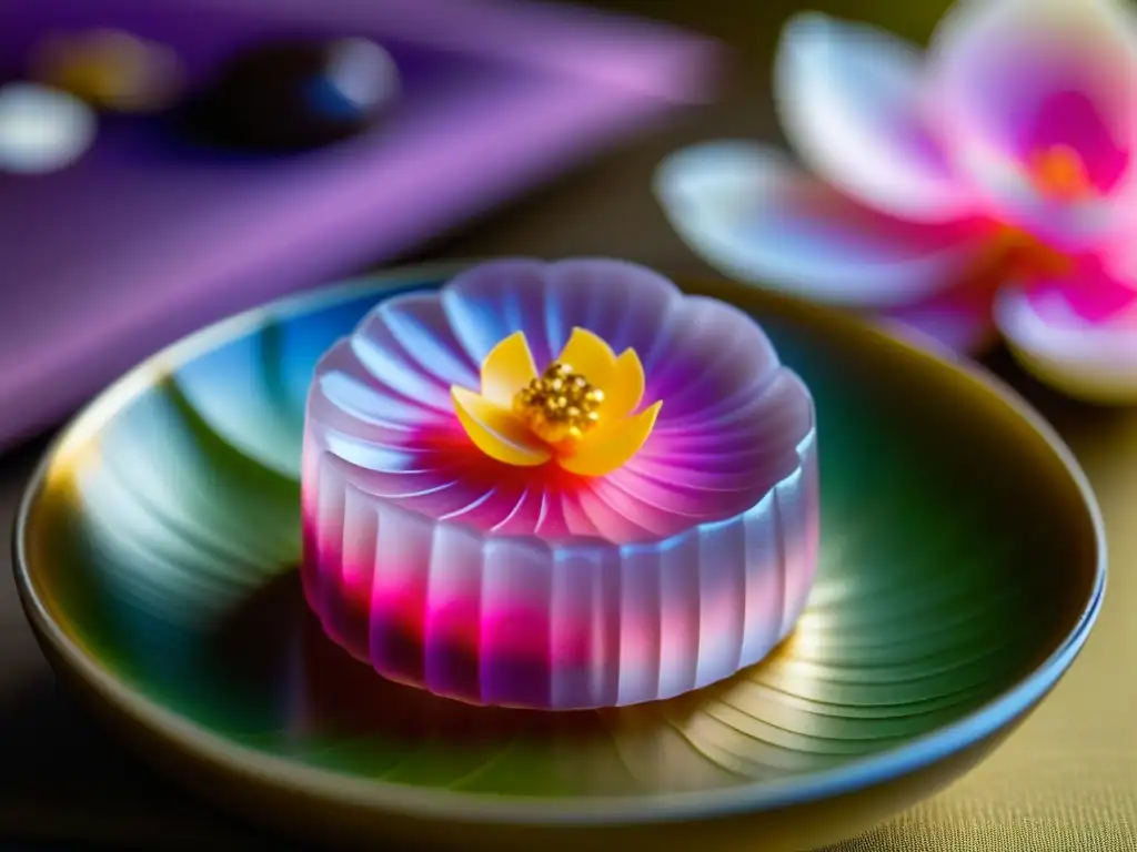 Delicado wagashi en forma de flor de cerezo, resaltando la artesanía de los postres tradicionales cocina samurái