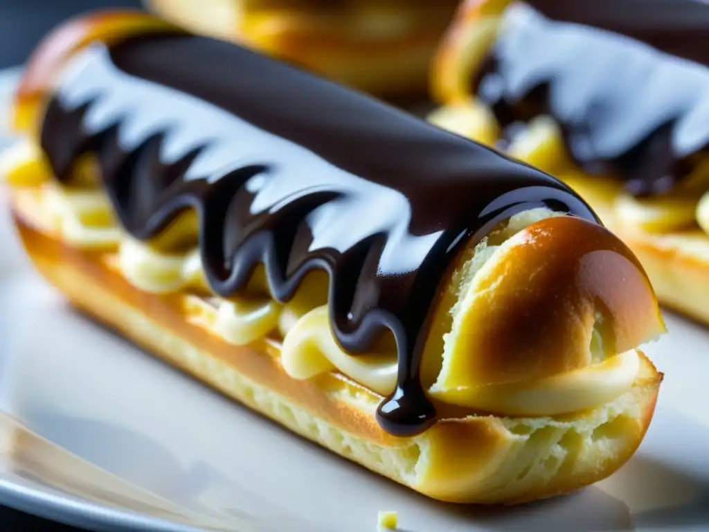 Delicado éclair francés con historia, repostería francesa, choux y chocolate brillante