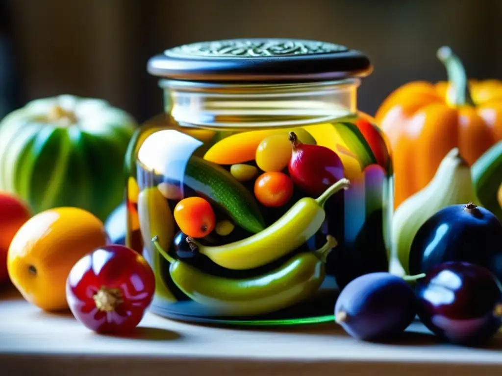 Delicado frasco de vidrio con frutas y verduras conservadas en técnicas ancestrales de Bizancio