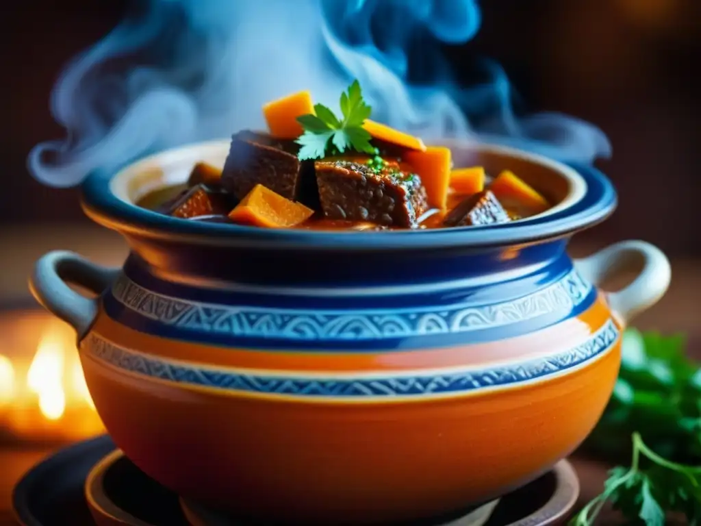 Delicado guiso burbujeante en olla de barro, resaltando colores y texturas, evocando cocina histórica con papel ollas barro cocina histórica