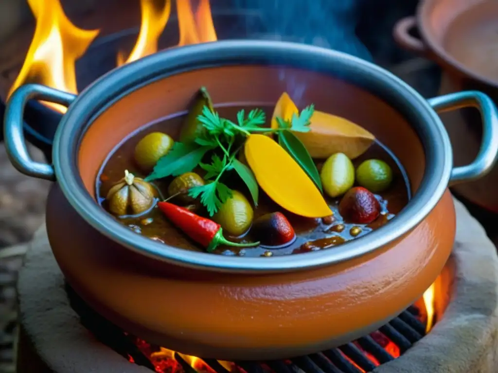 Delicado guiso en olla de barro sobre fuego abierto, reflejando la historia arte culinario conventos coloniales