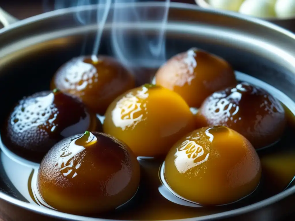 Delicado Gulab Jamun sumergido en dulce almíbar, evocando calidez y tradición