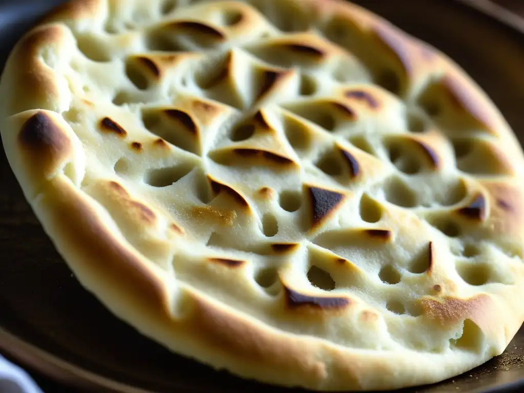 Delicado naan recién horneado con patrones y texturas, corteza dorada brillante y vapor, evocando recetas de pan Mughal históricas