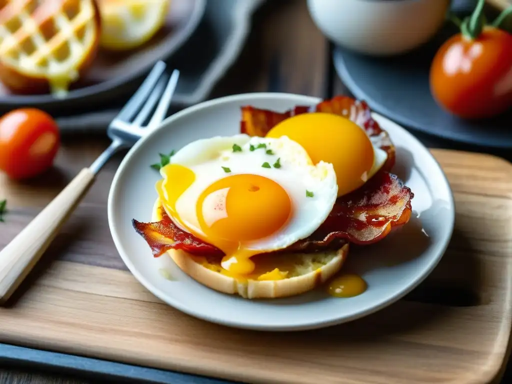 Delicado huevo frito con tocino y tomate en desayuno inglés