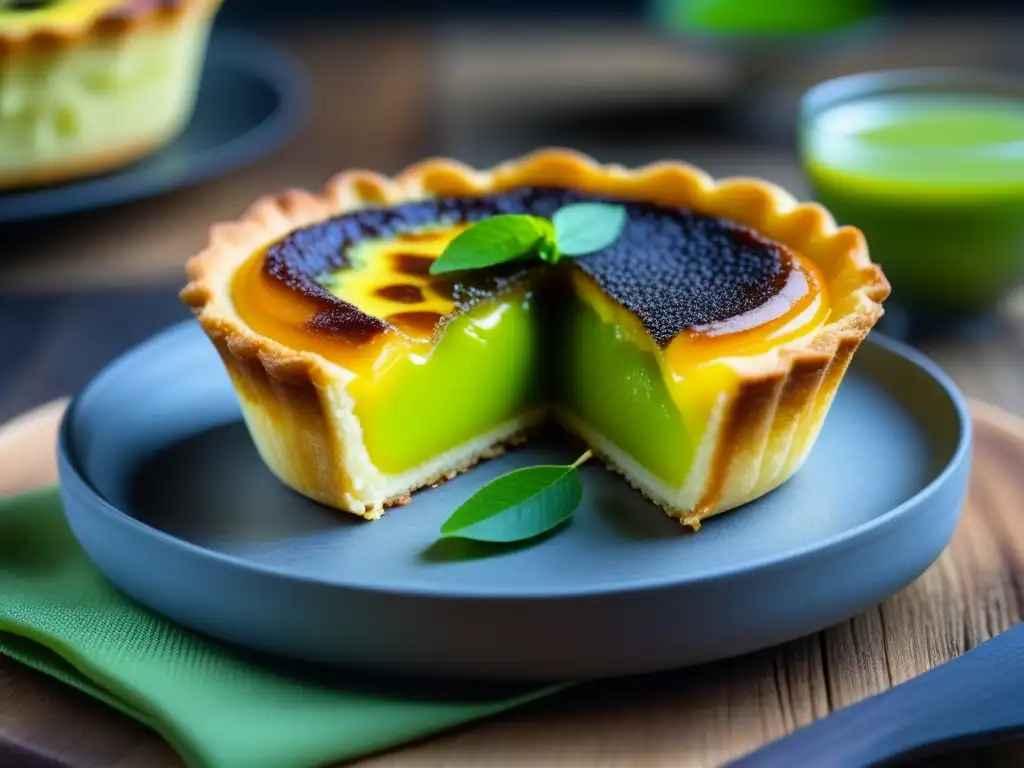 Delicado intercambio culinario entre Lisboa y Tokio: pastel de nata portugués y pastel de té matcha japonés en armonía en mesa rústica