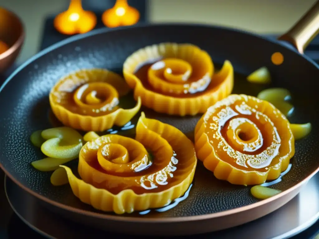 Delicado jalebi dorado fritándose en aceite burbujeante en una cocina persa tradicional con utensilios de cobre y azulejos