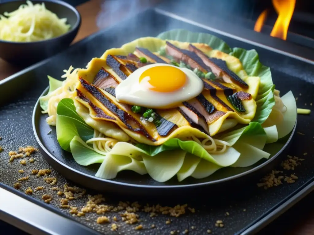 Delicado Okonomiyaki japonés en sartén caliente, con capas de masa, col, panceta y topping, capturando su esencia