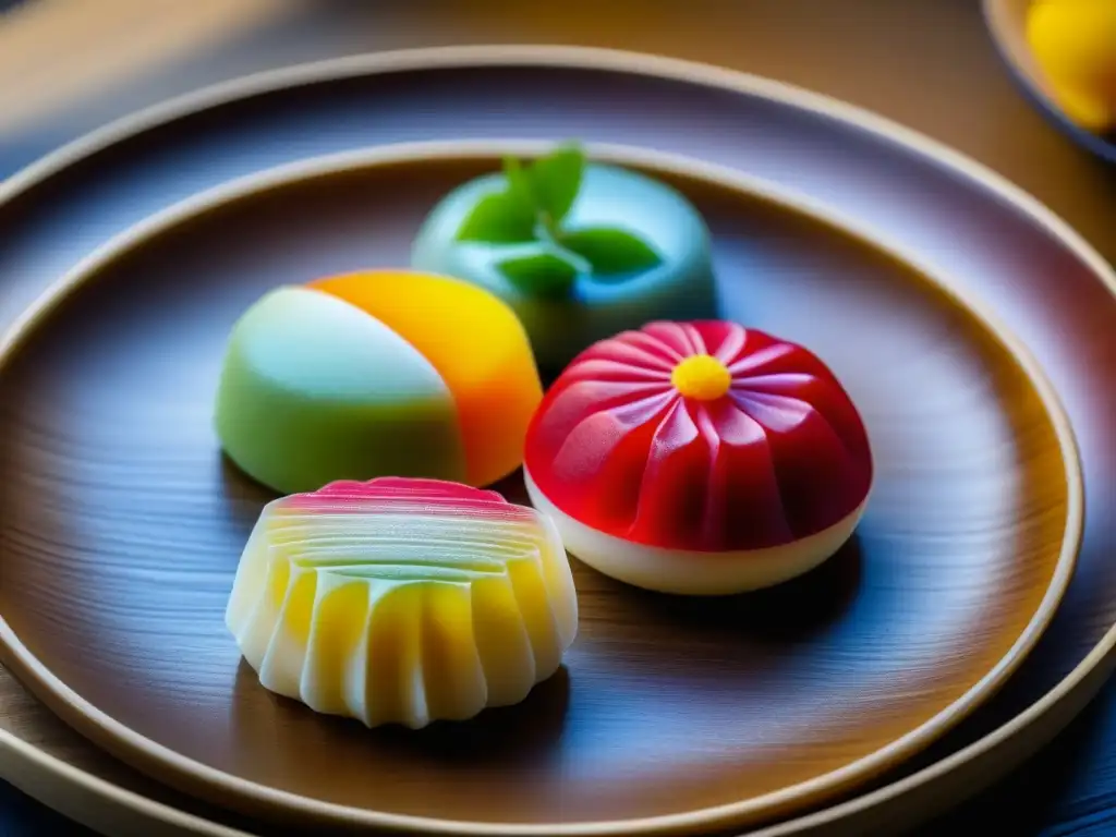 Delicado wagashi japonés con influencia portuguesa en plato de lacado, destacando los detalles artesanales y los colores vibrantes del dulce