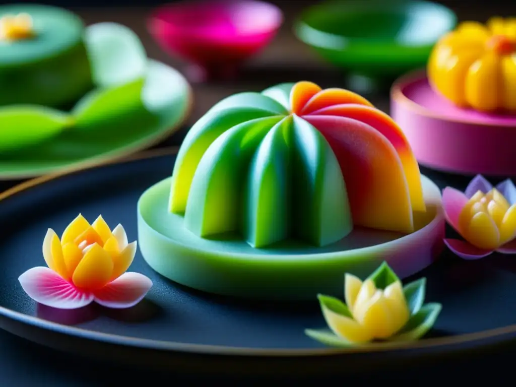 Delicado wagashi japonés, postres tradicionales cocina samurái, detalle artesanal y vibrante