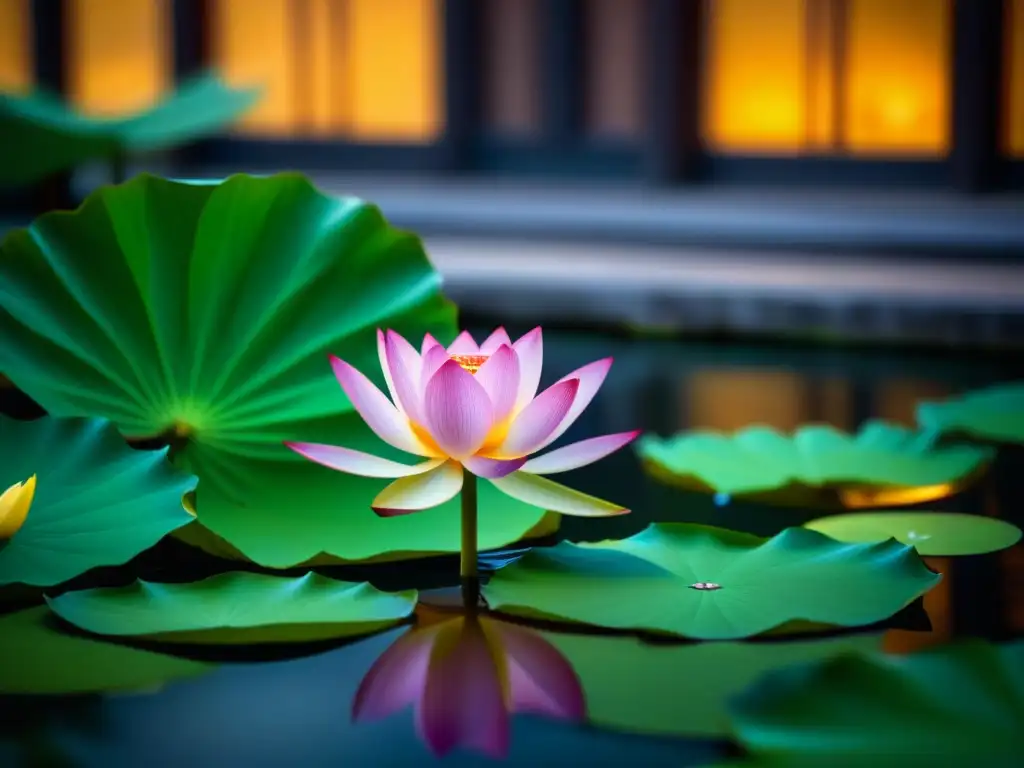 Un delicado loto en flor en un estanque de templo, simbolizando pureza y la gastronomía budista de la Era Edo