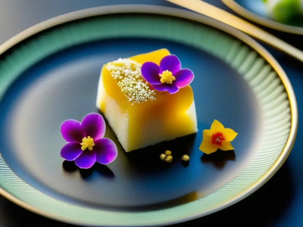 Delicado mochi modernizado con flores comestibles y hojuelas de oro, en una fusión contemporánea