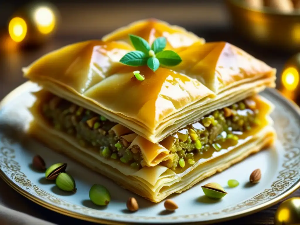 Delicado baklava otomano con nueces, almíbar y pistachos