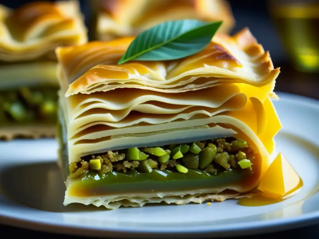 Delicado Baklava otomano con pistachos y miel, resaltando la riqueza culinaria del Imperio Otomano