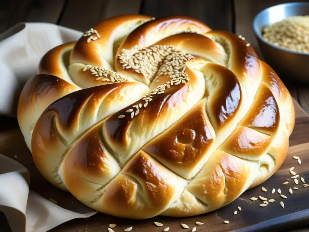 Delicado pan challah dorado recién horneado en una mesa rústica de madera