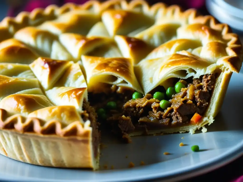 Delicado pastel de carne al estilo surasiático con crujiente y dorada costra, revelando el rico relleno de especias