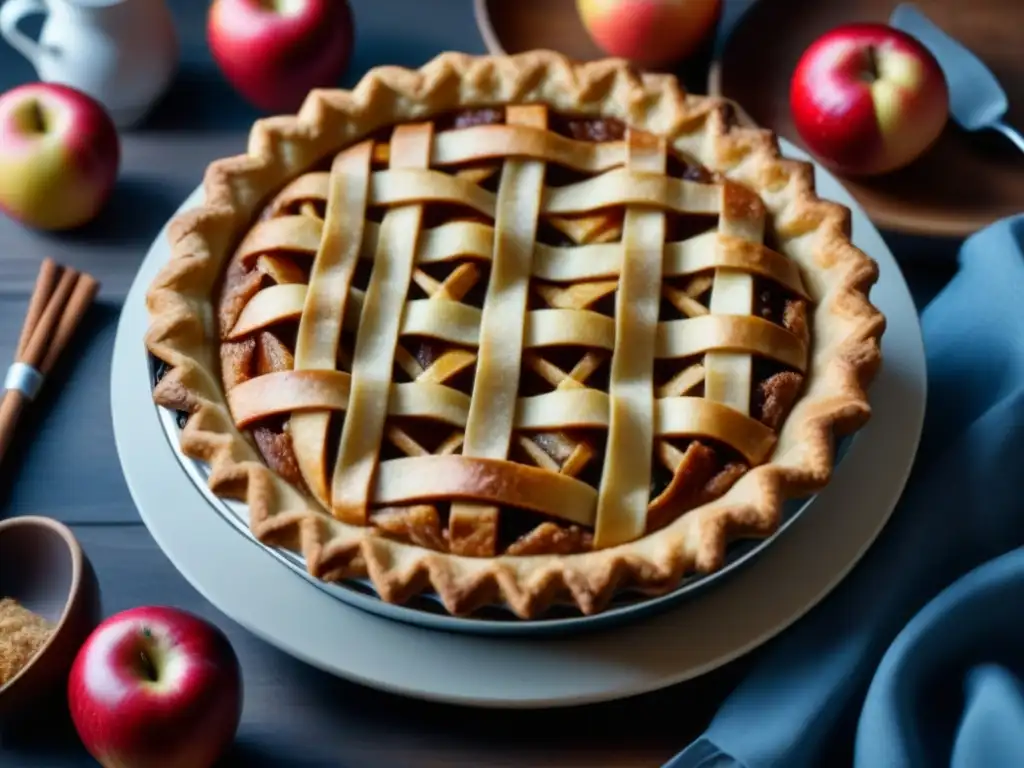 Delicado pastel de manzana casero de la Gran Depresión, con corteza y relleno dorado y decorado con canela y azúcar