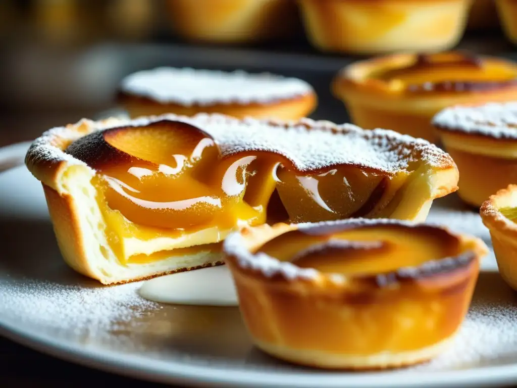 Delicado pastel de nata portugués siendo espolvoreado con canela en una bulliciosa panadería, mostrando las capas de hojaldre y crema