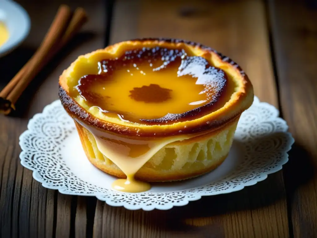 Delicado pastel de nata portugués con canela, resaltando sus capas, bordes dorados y relleno cremoso