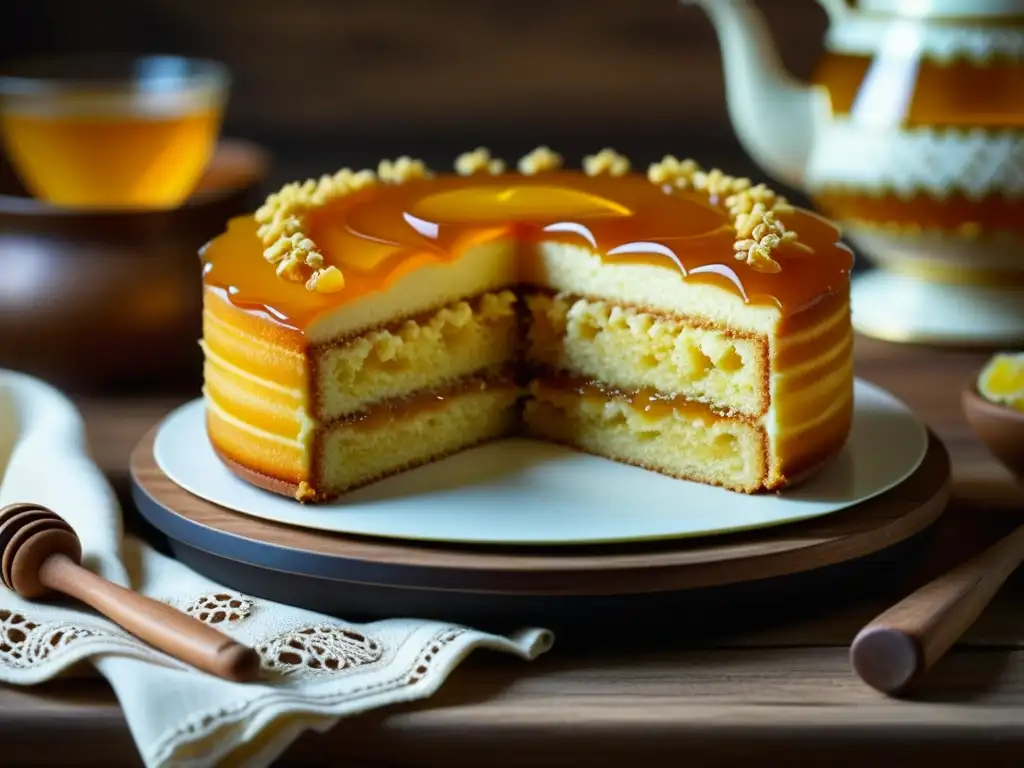 Delicioso Medovik ruso: capas de sabor y tradición Delicado pastel ruso 'Medovik' rodeado de utensilios de cocina vintage y bordados folklóricos, representa postres eslavos históricos y cultura