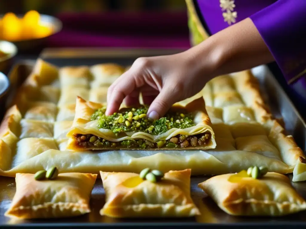 Delicado baklava persa con pistachos y jarabe dorado, en un bullicioso mercado persa