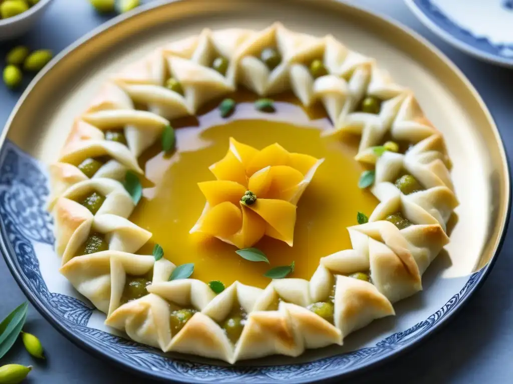 Delicado baklava persa de rosa y azafrán, con pistachos y miel, ensamblado con destreza en plato cerámico