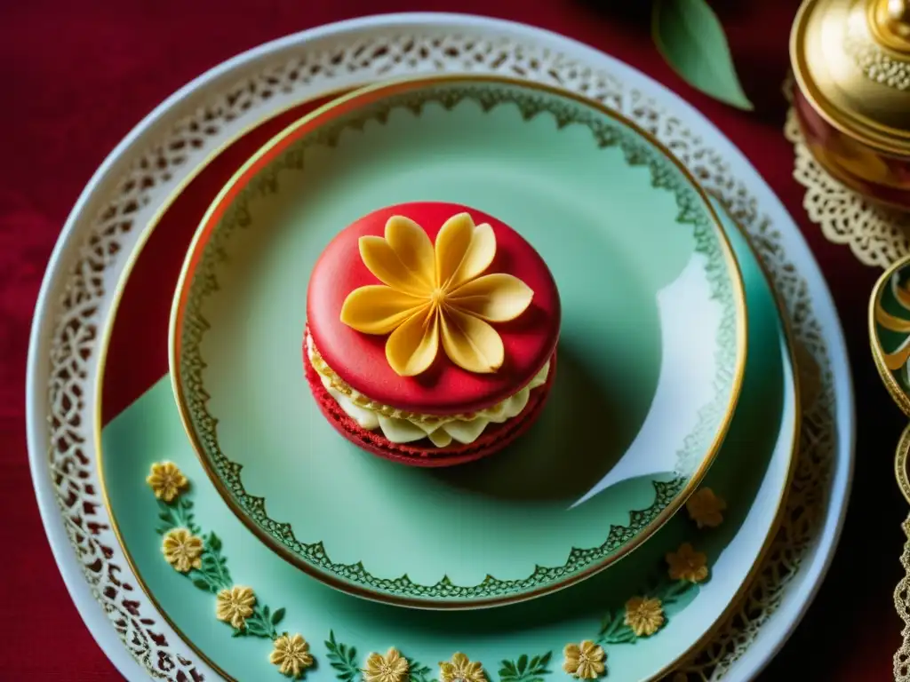 Delicado macaron en plato francés vintage con encaje ruso, fusionando tradiciones culinarias