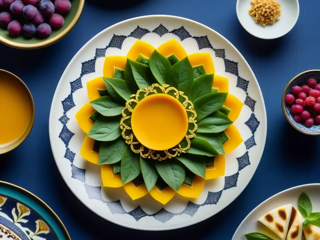 Delicado plato inspirado en recetas históricas Bagdad Califato Abásida, con colores vibrantes y detalles intrincados