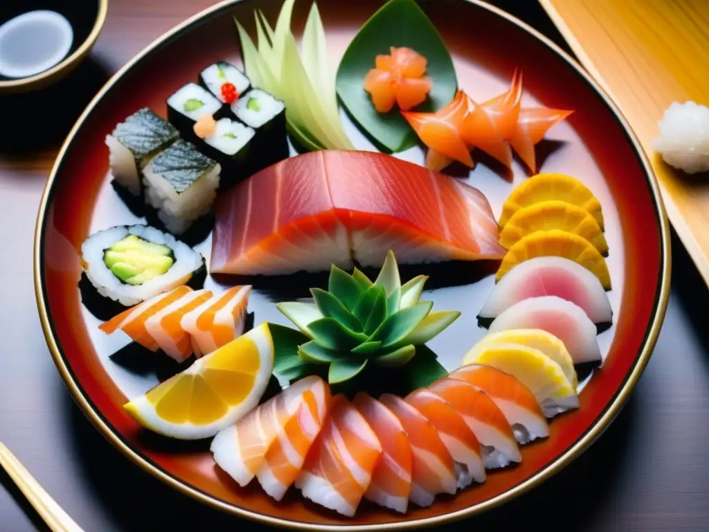 Delicado plato de lacado japonés con exquisitos pescados frescos, reflejando la dieta de la Era Edo