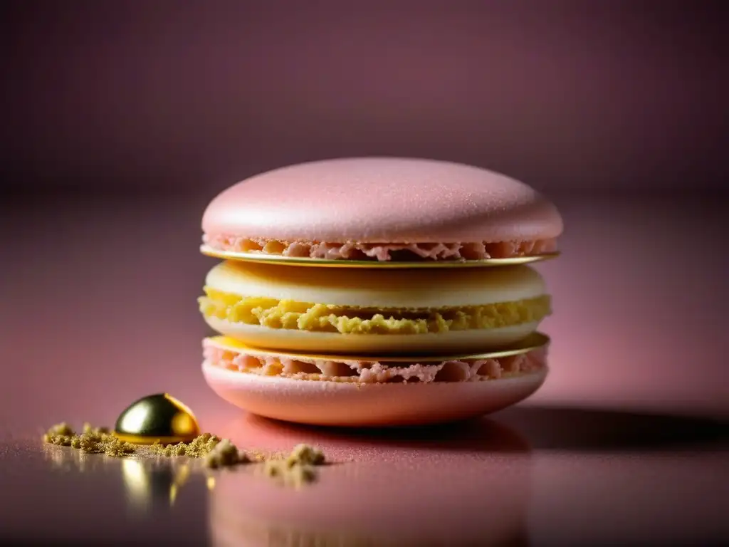 Delicado macaron rosa con polvo dorado, detalle de repostería francesa histórica