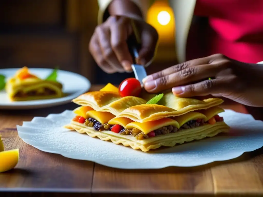 Delicado postre caribeño con influencia histórica: capas de hojaldre y relleno cremoso, frutas tropicales y especias