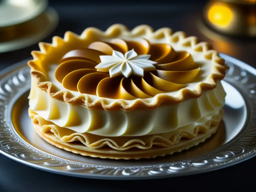 Delicado postre ruso inspirado en Napoleón, con capas de hojaldre, crema y caramelo, presentado en una bandeja de plata vintage