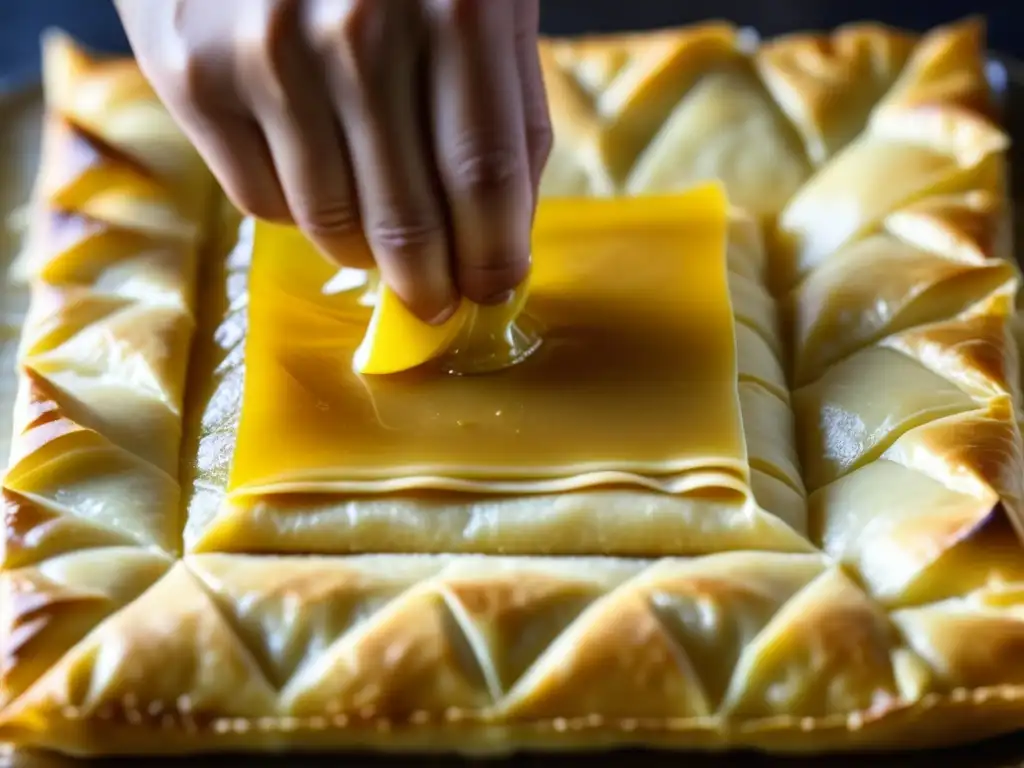 Delicado proceso de crear baklava con capas de masa dorada y mantequilla