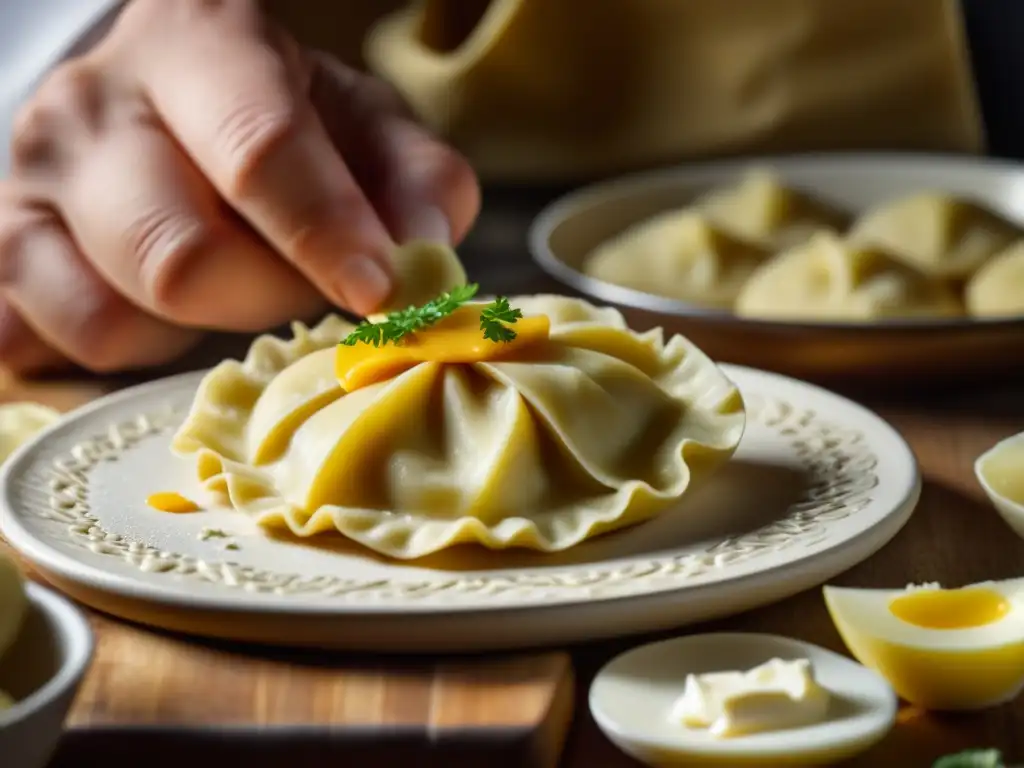 El delicado proceso de elaboración artesanal de un tradicional pierogi polaco en una cocina rústica, resaltando ingredientes con texturas detalladas