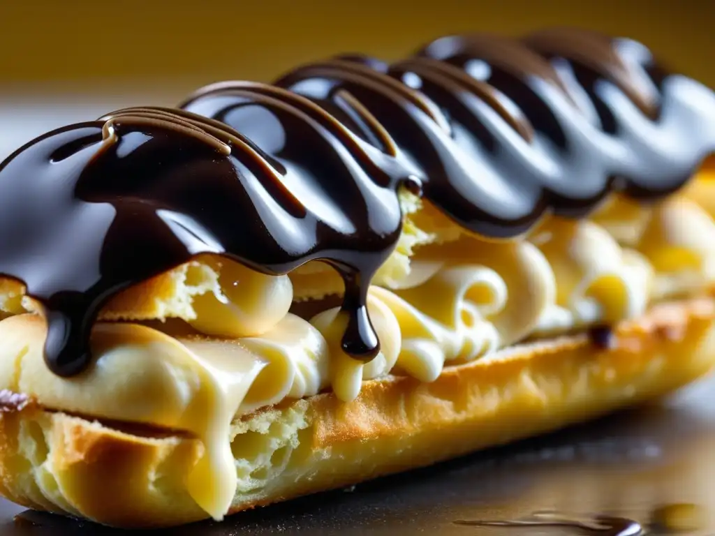 Delicado éclair recién horneado con glaseado de chocolate brillante, revelando la historia eclairs repostería francesa