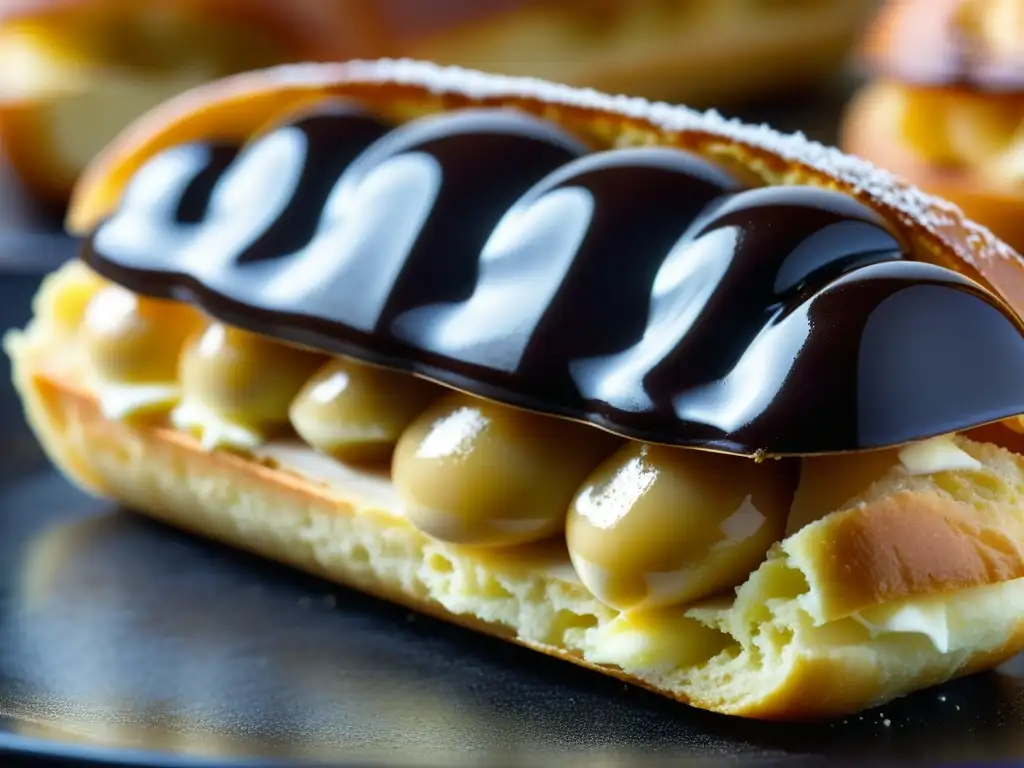 Delicado Éclair recién horneado con choux y glaseado de chocolate, relleno de crema y espolvoreado con azúcar