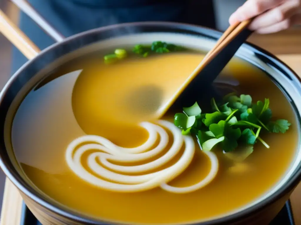 Delicado remolino de miso fermentado japonés se mezcla en sopa caliente, mostrando los beneficios de la fermentación japonesa