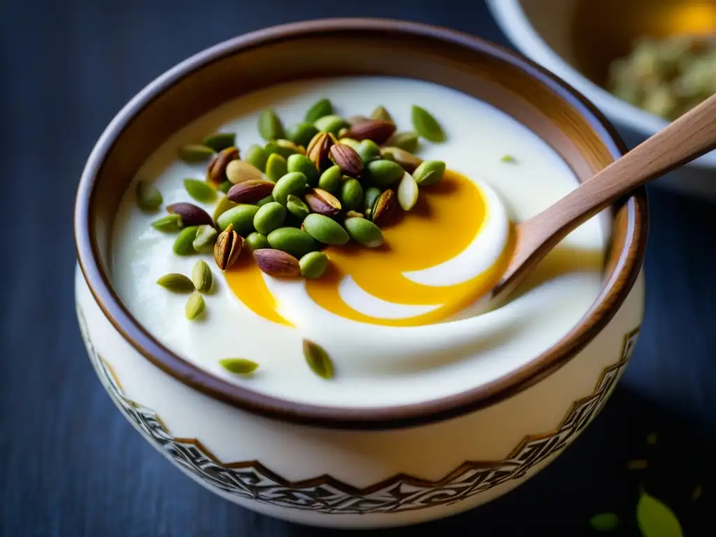 Delicado remolino de yogur en cuenco otomano, con pistachos y azafrán