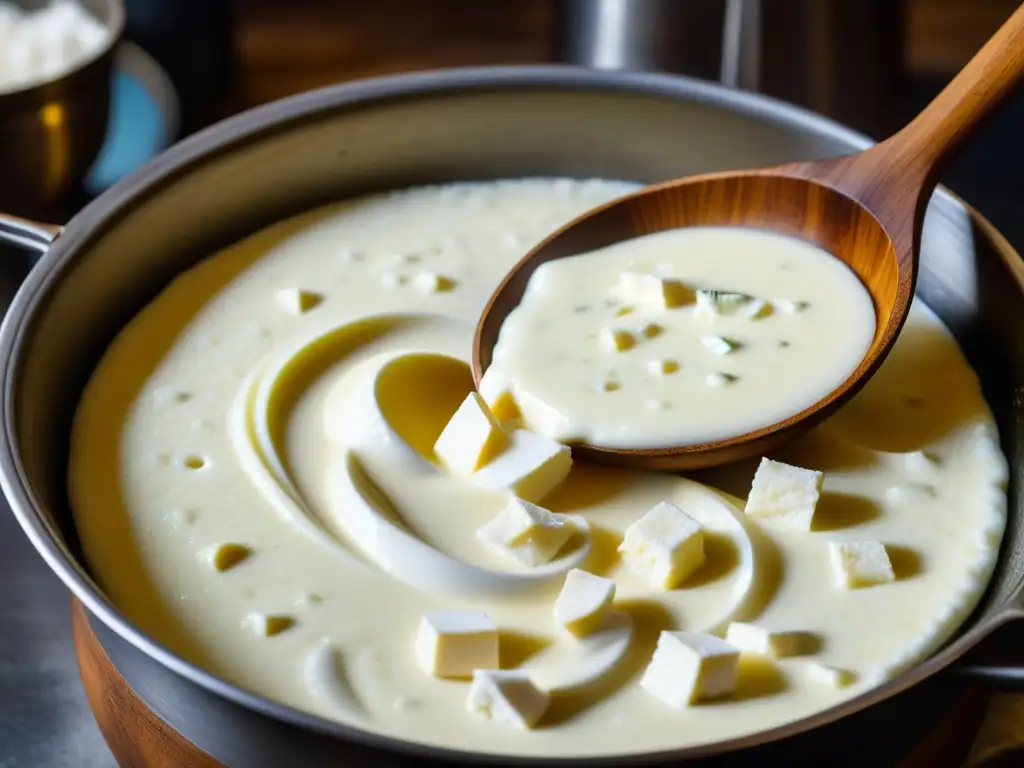 Un delicado remolino de fermentación de paneer y yogurt en una olla de metal