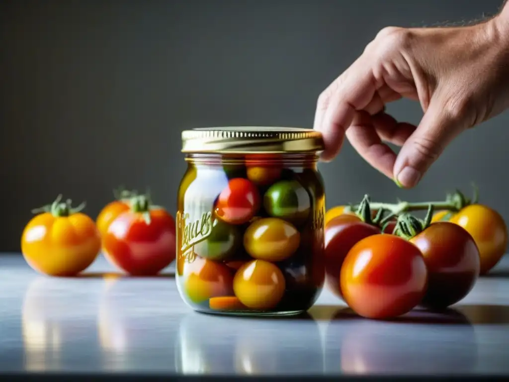 Un delicado sellado de tarro con tomates coloridos, fusionando métodos de conservación históricos e innovadores