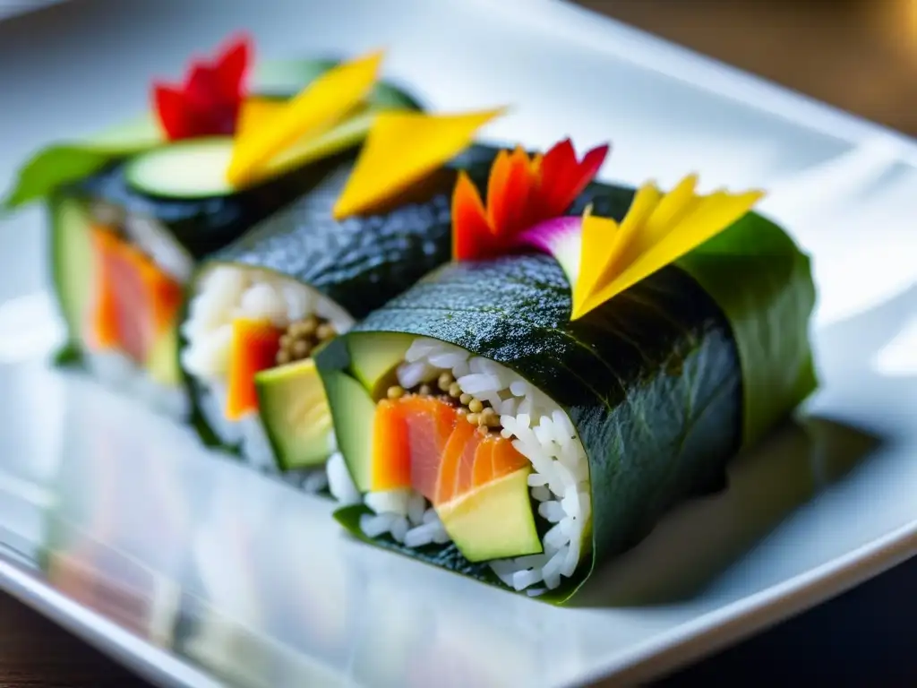 Delicado sushi de quinua con vegetales coloridos y pescado fresco, una fusión culinaria innovadora